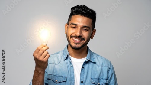 Bright Idea: Smiling Man Holds Glowing Lightbulb, Innovation Concept