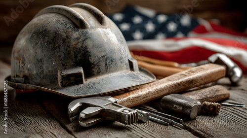 Tools and hard hat arranged on a wooden surface to celebrate Labor Day in a patriotic setting