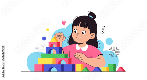 Girl joyfully building colorful tower with blocks, fostering creativity and imagination development