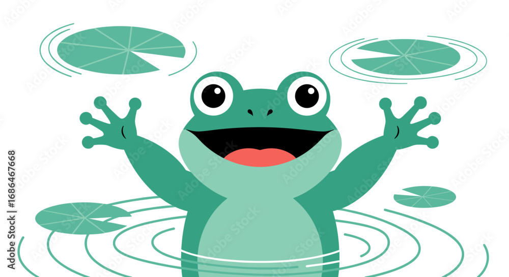 Fototapeta premium Cheerful frog with outstretched arms welcomes spring among lily pads in pond cartoon illustration