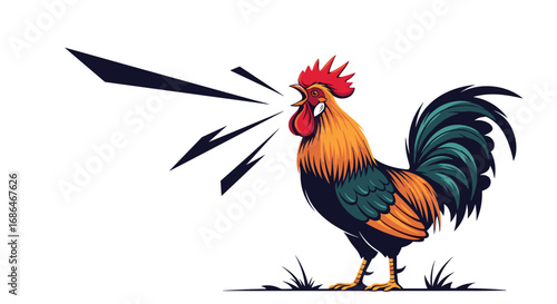Bold rooster crowing loud announcement heralds the new day with vibrant colors and strong message