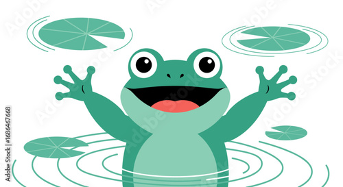 Cheerful frog with outstretched arms welcomes spring among lily pads in pond cartoon illustration