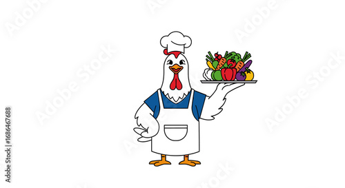 Funny chicken chef character serving fresh vegetables for healthy cooking advertisement campaign