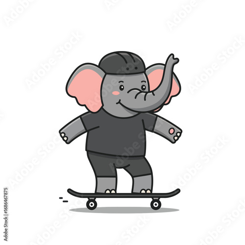 An elephant in a helmet and tshirt rides a skateboard