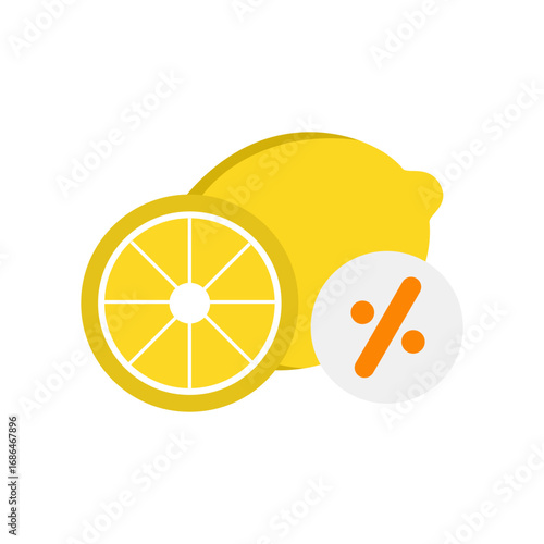 A lemon and a sliced lemon, with a percentage sign overlay. Lemons are a type of citrus fruit known for their sour taste due to high levels of citric acid. They are a good source of vitamin C.