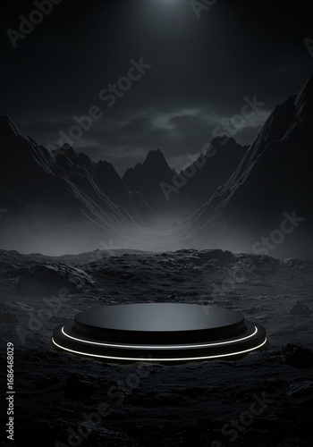 Luminous Black Pedestal on a Dark, Rocky Mountain Landscape for Product Showcase