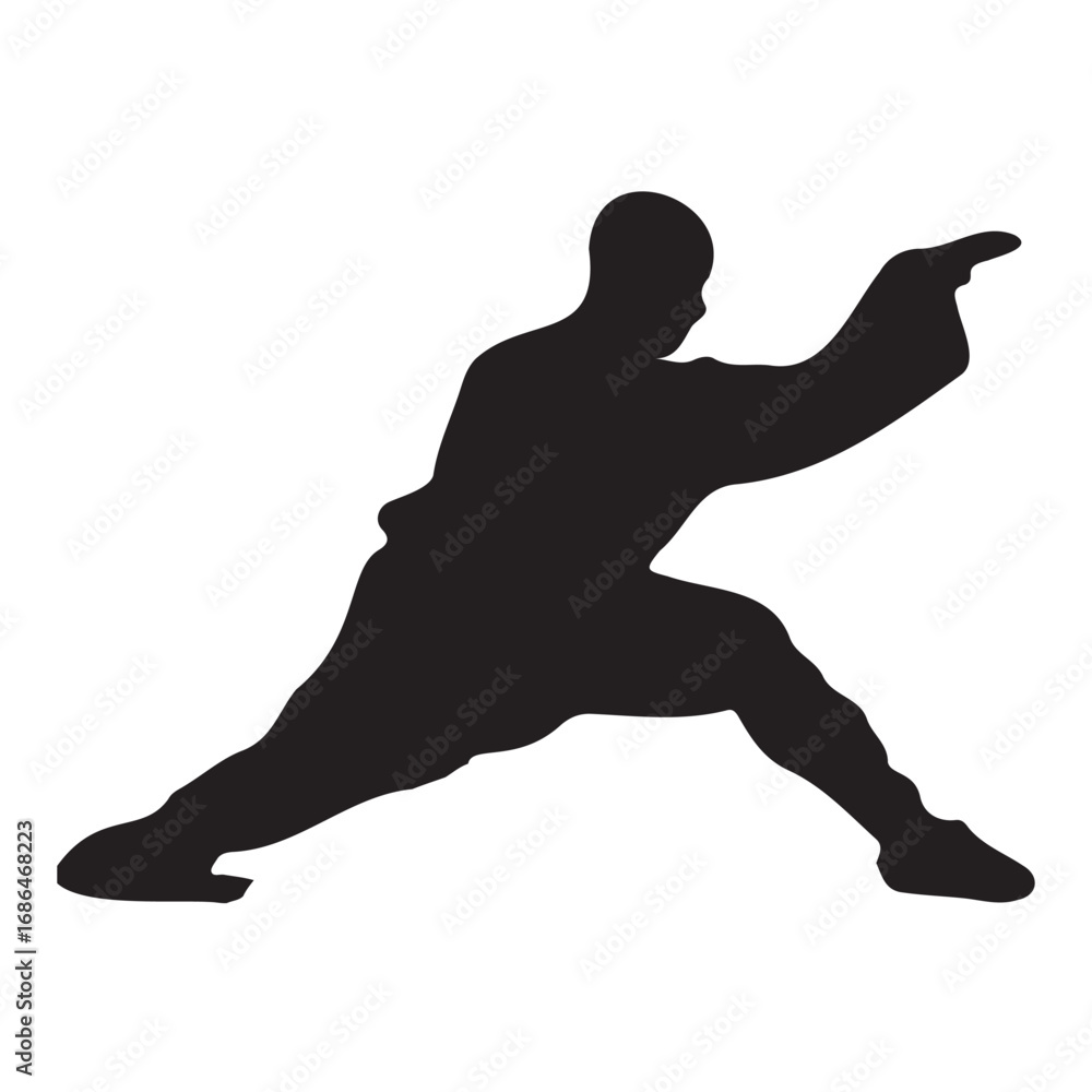 Obraz premium Silhouette Of A Person In A Martial Arts Stance With Outstretched Arm On A Bright White Surface