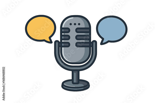 Podcast microphone icon with speech bubbles. Vector concept for interview, dialogue, or broadcast. Voice recording and communication symbol. Audio talk show cartoon illustration.