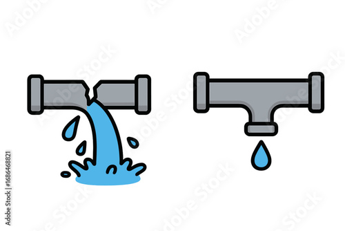 Broken Pipe Water Leak Vector Illustration. Damaged Plumbing, Dripping Faucet and Flooding Concept. Cartoon Plumbing Emergency, Maintenance, Repair, Hazard, Wet Floor, Leak Detection, Utility Icon.