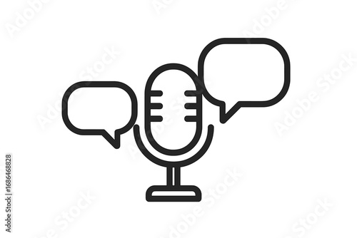 Podcast microphone icon with speech bubbles. Vector sign for interview, dialogue, discussion, and debate. Communication, broadcast, and voice recording concept for audio show.