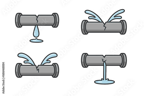 Broken Pipe Water Leak Vector Illustration Set, Cartoon Plumbing Damage Icons, Burst Pipe Repair Concept, Flood Disaster, Maintenance Problem, Transparent Background, No Text