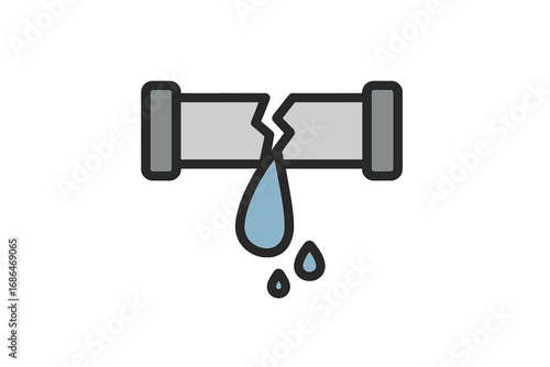 Broken Pipe Water Leak Icon Vector Illustration. Cracked Pipeline Dripping Liquid Symbol. Plumbing Problem, Infrastructure Damage, Repair Concept. Utility Failure. Emergency Maintenance Solution Sign