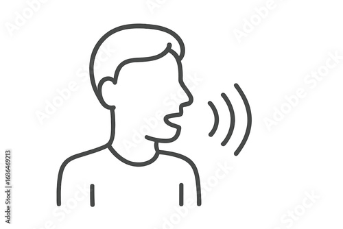 Talking person line icon. Man speaking, shouting symbol. Voice control command. Sound wave. Speech, language, communication, discussion concept. Vector outline pictogram design.