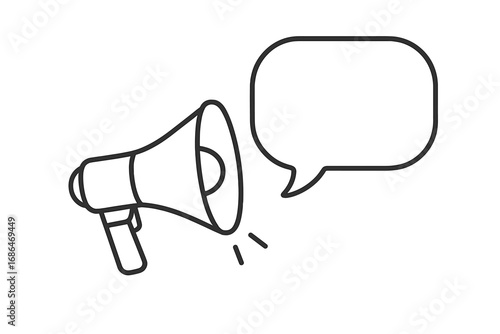 Megaphone with speech bubble linear icon. Loudspeaker for announcement, promotion, and marketing. Bullhorn for protest, alert, and news. Communication concept vector illustration.