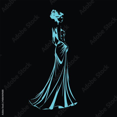 Luxury fashion girl in evening gown vector design illustration.