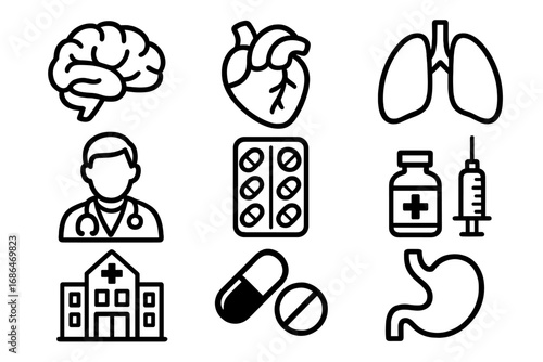 Medical and hospital line icon set. Healthcare pictograms collection. Includes doctor, clinic, organs, brain, heart, lungs, stomach, pills, syringe, and medicine symbols.
