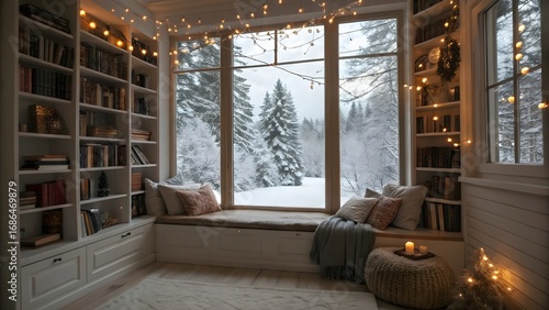 Cozy winter reading nook with snow covered trees visible through large bay window