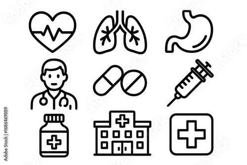 Medical and healthcare line icon set. Vector collection of hospital, doctor, organs, pills, syringe, and clinic symbols. For app, web, and graphic design. Medicine concept.