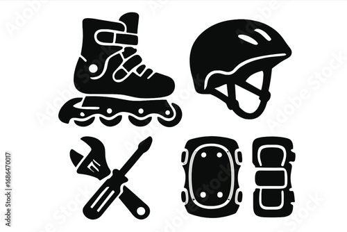 Inline skating gear icon set. Vector silhouette of rollerblade boot, helmet, protective pads for knee and elbow, and repair tools like wrench and screwdriver. Sport hobby.