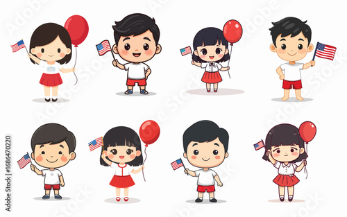 Bundle set of chibi kids holding american flags celebrating independence day parade illustration
