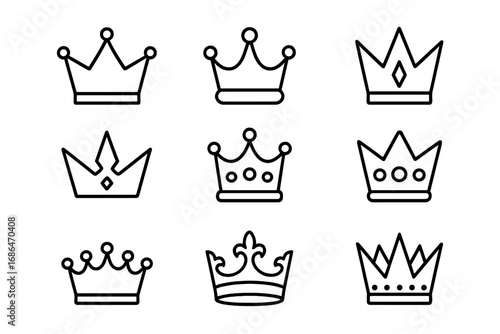 Crown line icon set. Royal king, queen, prince, princess symbol collection. Simple outline vector illustration for logo, web, app. Royalty, luxury, power and success concept.