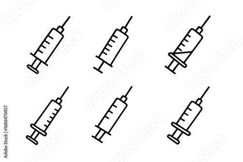 Syringe line icon collection. Minimalist linear syringe pictograms for medical web, health app, hospital banner, social network, and pharmacy cards. Vector outline illustration symbols set.