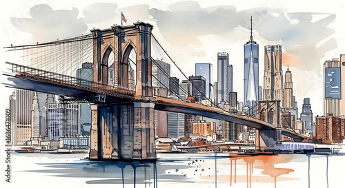 Watercolor painting of the Brooklyn Bridge and New York City skyline