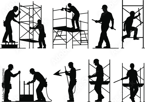 Construction workers, scaffolding silhouettes, building maintenance, safety equipment, teamwork, industrial labor, repair process, engineering tasks, site work, assembly stage