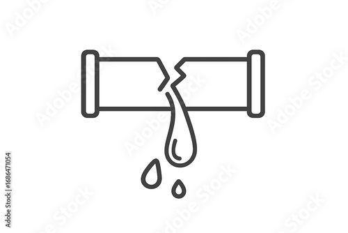 Broken water pipe icon, leaking pipe vector, plumbing failure outline, water leak concept, infrastructure emergency, pipe burst symbol, drainage system, repair and maintenance, utility service alert
