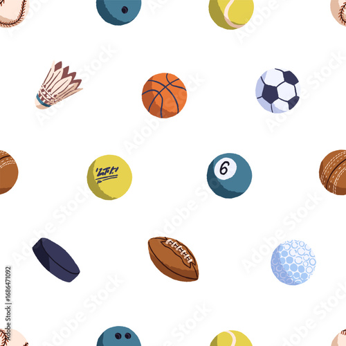 Repeatable pattern of baseball, basketball and soccer balls. Endless background of sports equipment to play football, badminton, tennis, rugby, golf and hockey. Flat seamless vector illustration