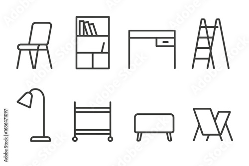 Minimalist furniture line icon set. Home and office interior design elements. Chair, bookshelf, desk, ladder, lamp, cart, ottoman, magazine holder vector collection.