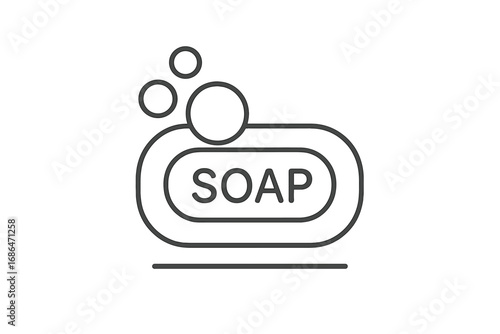Soap bar with bubbles thin line icon. Vector illustration for hygiene, bathroom, and cleaning concepts. Simple pictogram for web design, apps, and skincare branding.