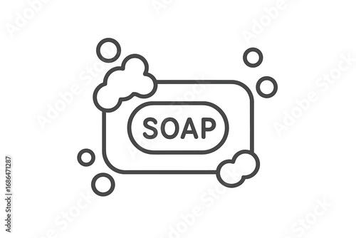 Soap bar with bubbles thin line icon. Concept of hygiene, cleanliness, washing hands, and body care. Simple sanitation and personal care pictogram for web, app, and print.