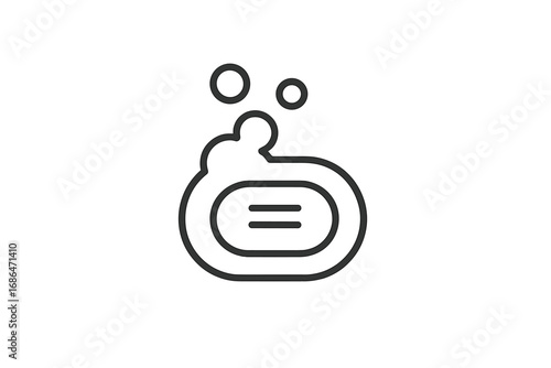 Soap bar line icon with bubbles. Minimalist outline vector illustration. Concepts of hygiene, clean, washing, sanitation, personal care, skincare, bathroom, shower, suds, foam.