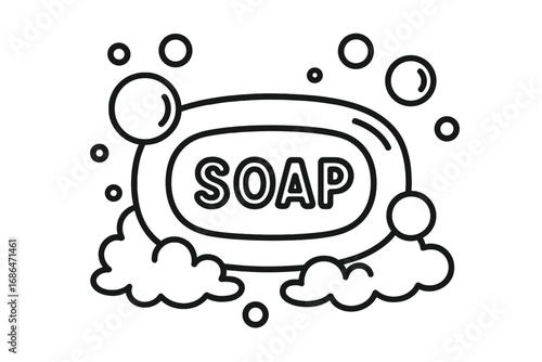 Soap bar with foam and bubbles vector outline icon. Hygiene and cleaning concept. Simple black and white cartoon illustration for personal care, bathroom, and cleanliness.
