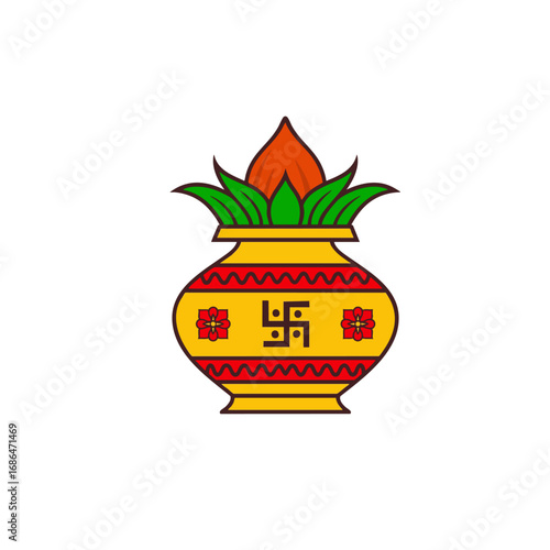 Kalash with Coconut and Swastik Symbol – Traditional Hindu Religious Pot Illustration