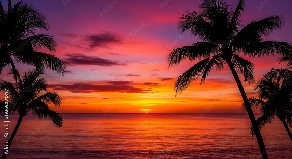 Obraz premium Vibrant tropical sunset with silhouette palm trees framing the ocean