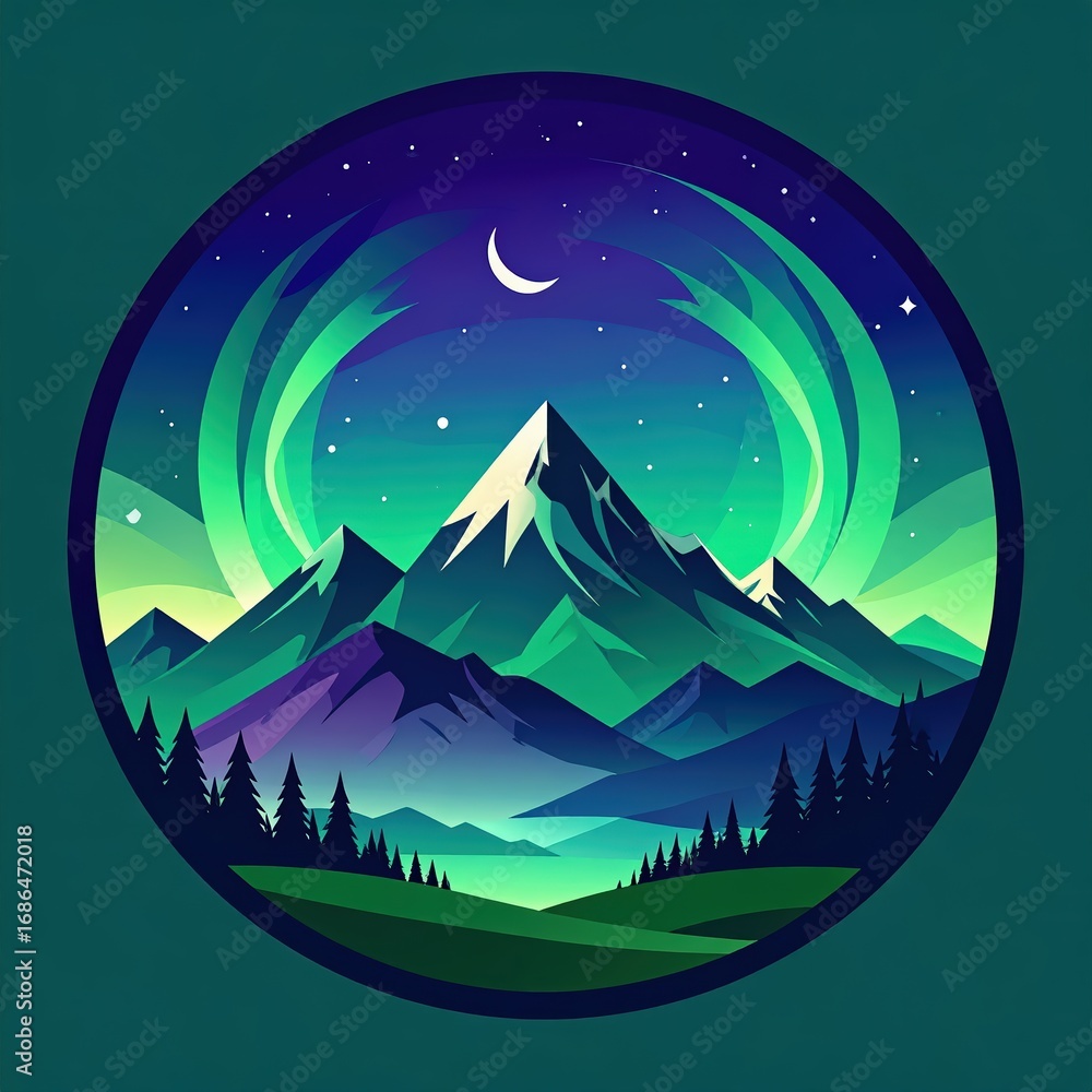 Fototapeta premium Circular graphic of a mountain range at night, featuring vibrant aurora borealis.