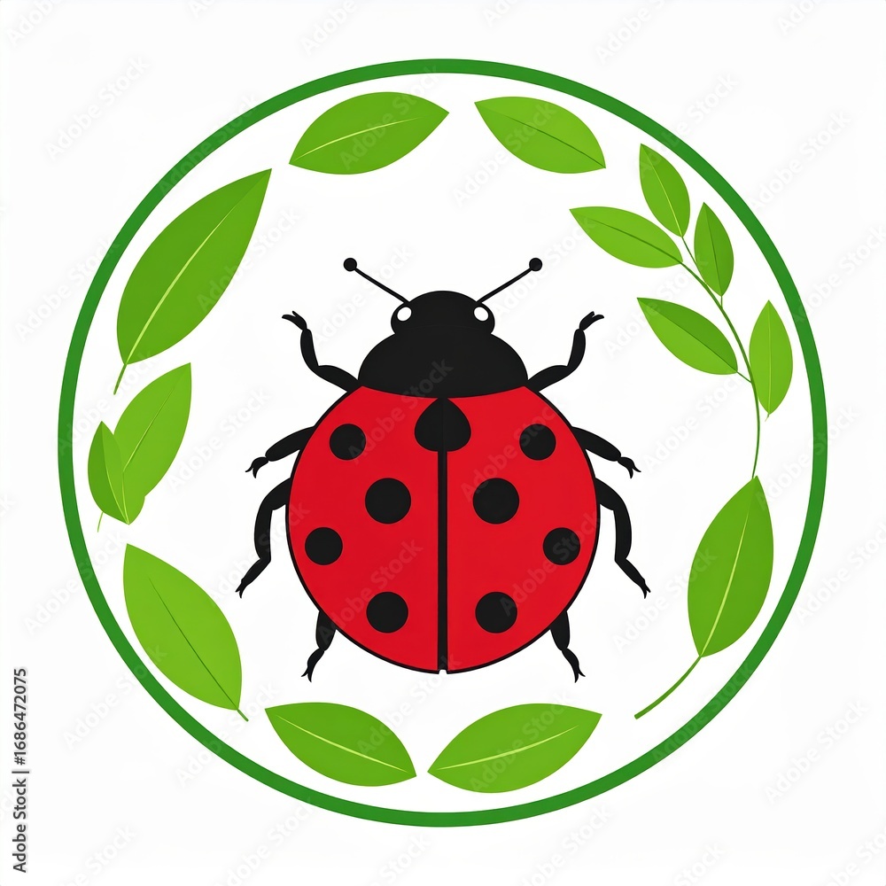 Obraz premium A ladybug surrounded by green leaves within a circular frame.