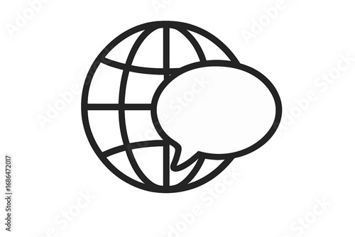 Global communication icon. World language, international chat, internet news concept. Earth globe with speech bubble vector. Planet logo for social media, app, graphic design.