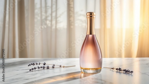 Elegant rose gold bottle of ros wine bathed in soft sunlight with delicate lavender sprigs on a marble surface