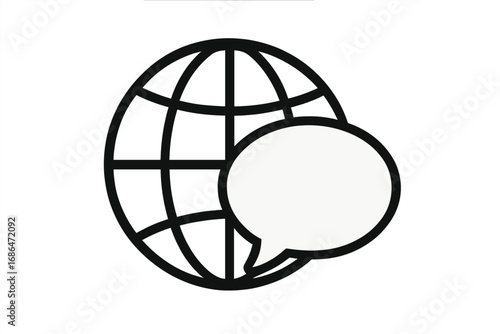 Global communication concept. Globe with speech bubble icon. International language, translation, and world news metaphor. Planet earth communication vector illustration.