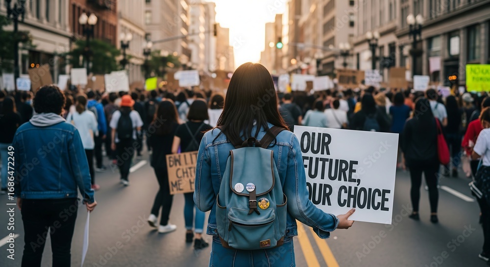 Fototapeta premium Protestors march in city street at sunset holding signs one reads