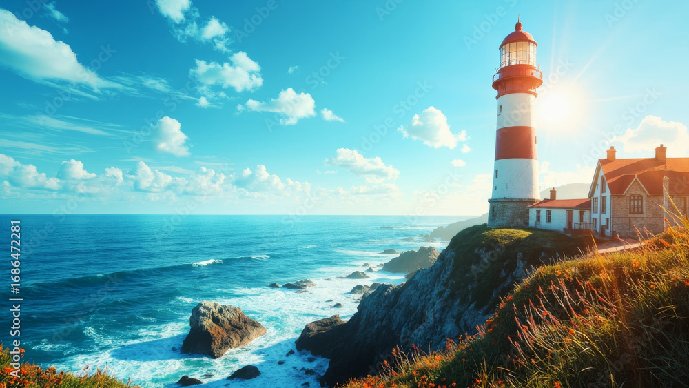 Obraz premium A lighthouse beside the sea under clear skies