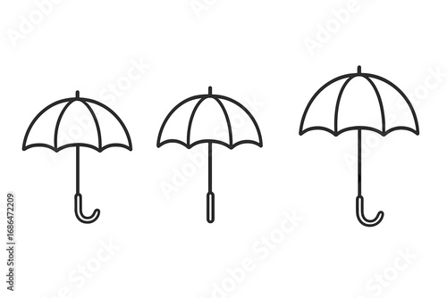 Umbrella line icons set. Cartoon parasol and bumbershoot outline collection. Thin stroke vector illustration of classic umbrella with curved handle isolated on transparent background.
