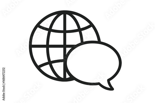 Global communication concept with globe and speech bubble icon. Vector for world news, language translation, international business chat. Earth planet symbol for web design.