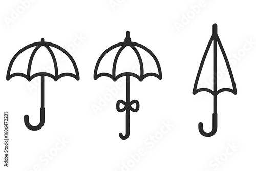 Umbrella Parasol Bumbershoot Line Icon Set Vector Cartoon Rain Protection Collection, Minimalist Outline Graphic for Design, Books, Advertisement, App UI, Transparent Background, Editable Stroke