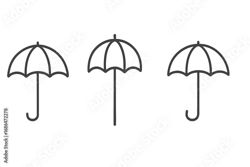 Minimalist umbrella parasol bumbershoot collection set. Thin line vector cartoon illustration. Transparent background. Ordered group of rain and sun protection icons. Climate weather accessory design.