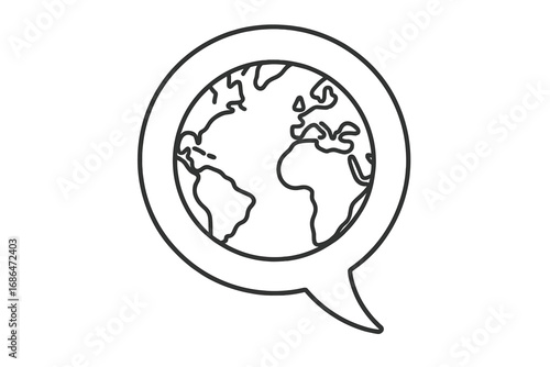 Global communication concept. World language day. International conversation icon. Earth in a speech bubble. Planet dialogue. Vector line art for environment or travel talk.