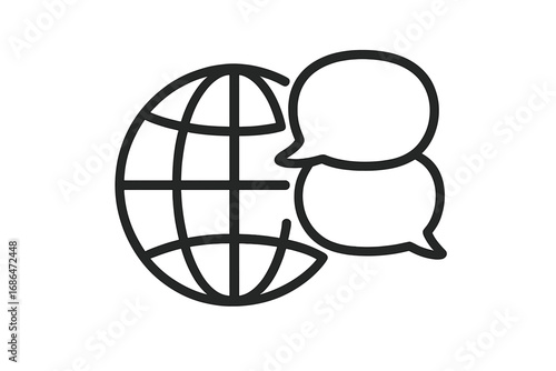 Global communication icon. World language and translation concept. Speech bubbles by globe symbol. International business dialogue, social media, and networking vector illustration.